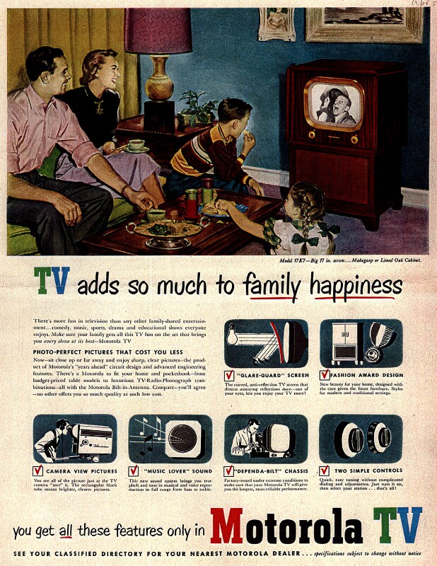 ad from 1950s showing family around a TV